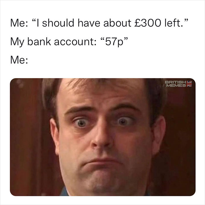 Hilarious meme by "Meme Lord" shows a surprised expression over unexpected bank balance.