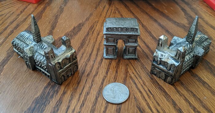Miniature Arc De Triomphe And 2 Notre Dames I Got At Goodwill (Quarter For Scale)