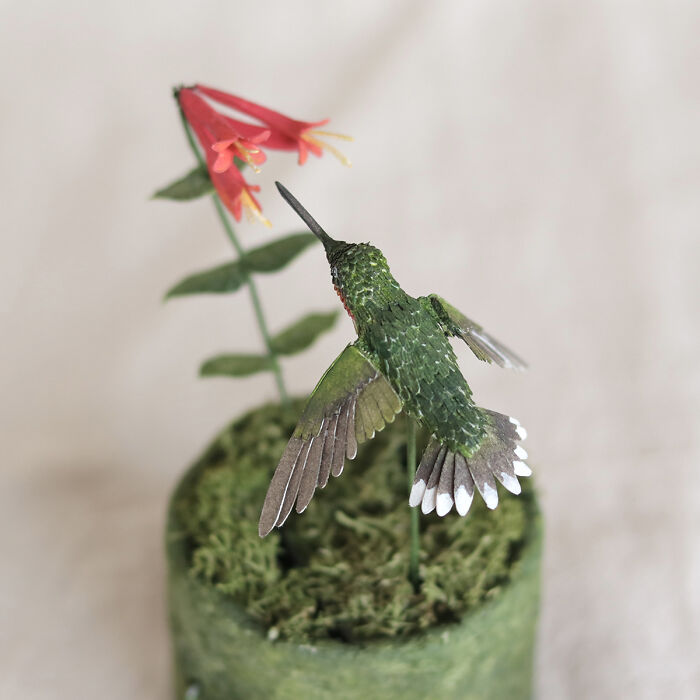 Coral Dreams: My Miniature Paper Automata Sculpture Of A Flying Ruby-Throated Hummingbird (4 Pics)