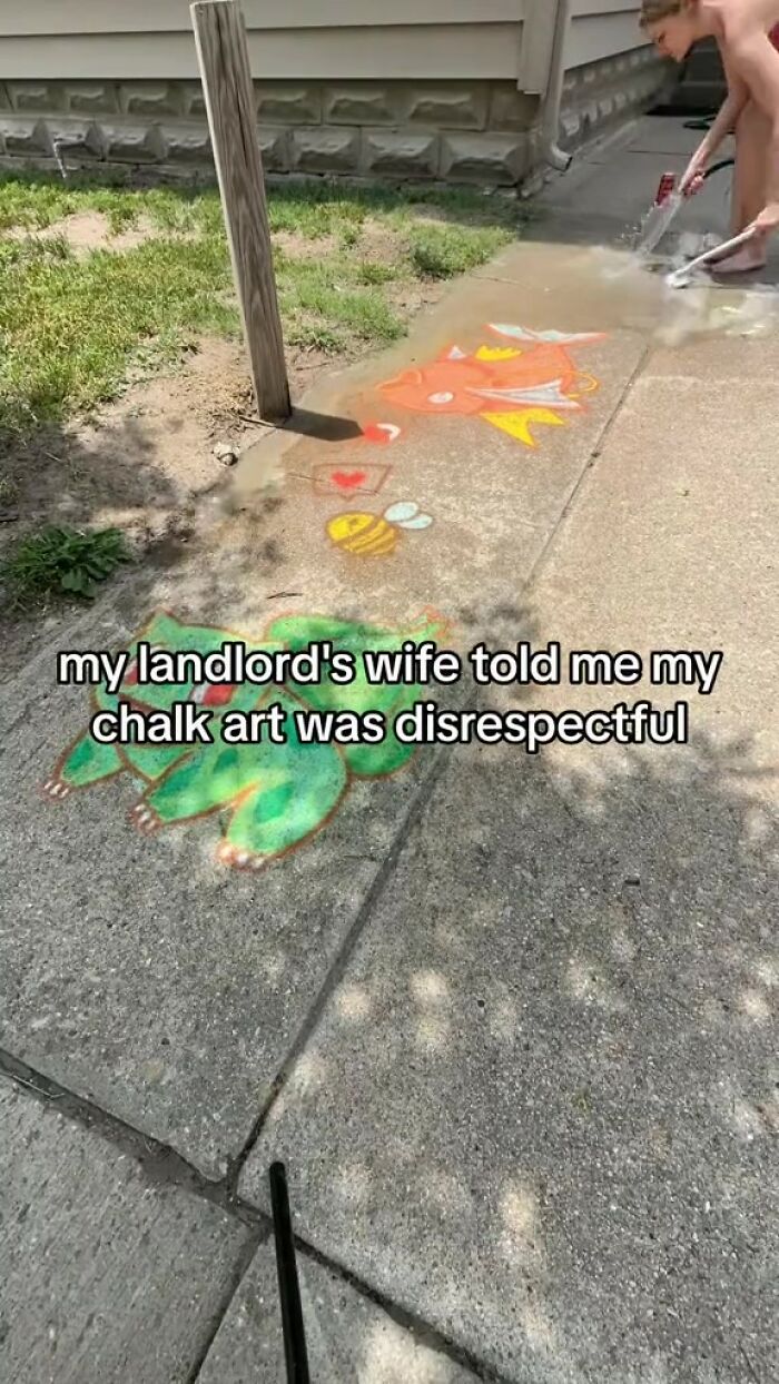 Landlord's Wife Enraged By Tenant's Chalk Artistry Asks Her To Wash It Off, Tenant Stands Her Ground