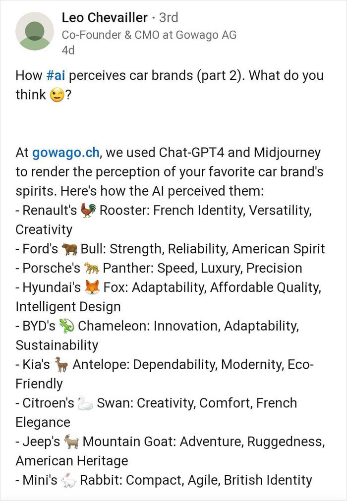"Interesting Perspective From AI": People On LinkedIn Are Discussing These 19 AI-Made Animal Characters Representing Famous Car Manufacturers "Interesting Perspective From AI": People On LinkedIn Are Discussing These 19 AI-Made Animal Characters Representing Famous Car Manufacturers