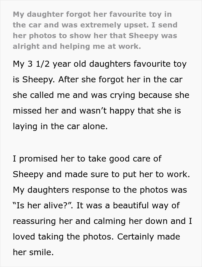 Wholesome Story Of A Dad Taking His Daughter’s Favorite Toy To Work After She Left It In The Car