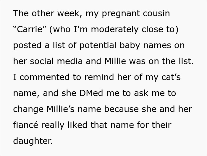 Woman Doesn't Want To Change Her Cat's Name Because Pregnant Cousin Wants To Use It For Her Baby, Wonders If She's Just Being Stubborn