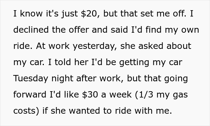 Woman Loses A Free Ride To Work After 14 Months By Asking Coworker To Pay For Their Lift Instead Of Returning The Favor