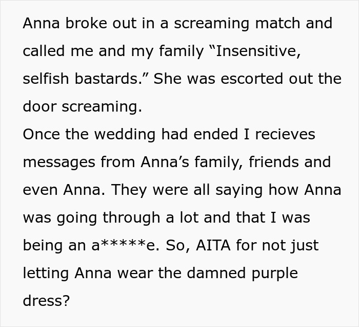 “She Was Escorted Out The Door Screaming”: Guest Hell-Bent On Wearing Purple Clashes With Bride “She Was Escorted Out The Door Screaming”: Guest Hell-Bent On Wearing Purple Clashes With Bride