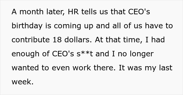 CEO Tells Employees There's No Room For Their Personal Lives At Work, Then Asks Them To Each Contribute $18 For His Birthday