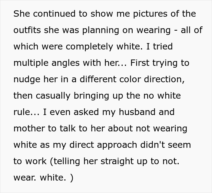 Bride Comes Up With A Brilliant Punishment For Anyone Who Shows Up In White To The Wedding After Seeing What MIL Plans On Wearing Bride Comes Up With A Brilliant Punishment For Anyone Who Shows Up In White To The Wedding After Seeing What MIL Plans On Wearing