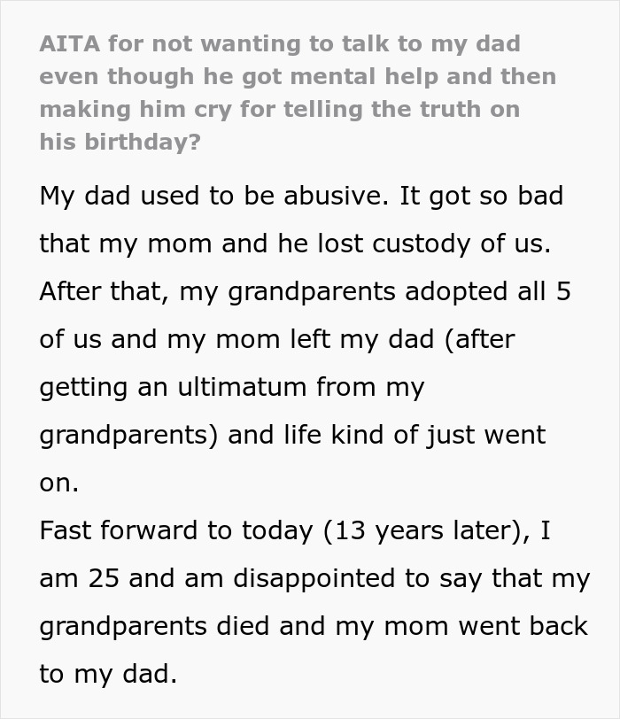 Dad Expects Kid To Forgive 20 Years Of Abuse Because He’s “Changed”, They Tell It Like It Is Dad Expects Kid To Forgive 20 Years Of Abuse Because He’s “Changed”, They Tell It Like It Is