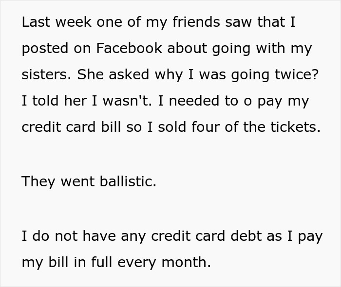 Person Sells Concert Tickets After Their Friends Keep 'Forgetting' To Pay Them Back, They Find Out And Go Ballistic Person Sells Concert Tickets After Their Friends Keep 'Forgetting' To Pay Them Back, They Find Out And Go Ballistic