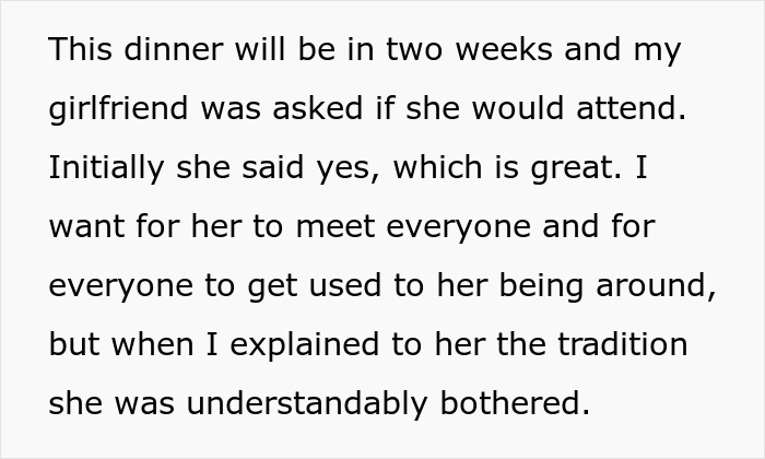 "When I Explained To Her The Tradition, She Was Understandably Bothered": Guy Doesn't Understand Why His GF Won't Follow His Family's Sexist Tradition "When I Explained To Her The Tradition, She Was Understandably Bothered": Guy Doesn't Understand Why His GF Won't Follow His Family's Sexist Tradition