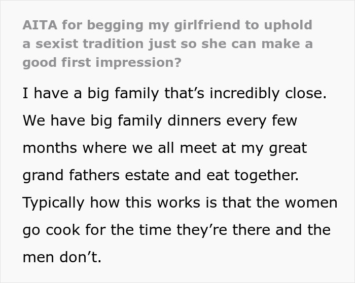 "When I Explained To Her The Tradition, She Was Understandably Bothered": Guy Doesn't Understand Why His GF Won't Follow His Family's Sexist Tradition "When I Explained To Her The Tradition, She Was Understandably Bothered": Guy Doesn't Understand Why His GF Won't Follow His Family's Sexist Tradition