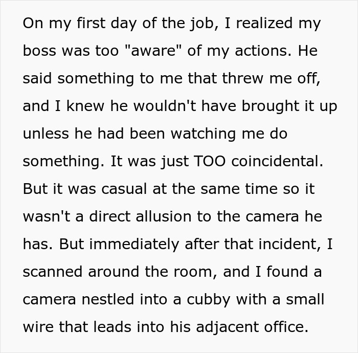 Boss Hides A Camera In New Hire’s Office, Doesn’t Realize She Found It On Day 1 After His Oddly Specific Remarks Roused Her Suspicions Boss Hides A Camera In New Hire’s Office, Doesn’t Realize She Found It On Day 1 After His Oddly Specific Remarks Roused Her Suspicions