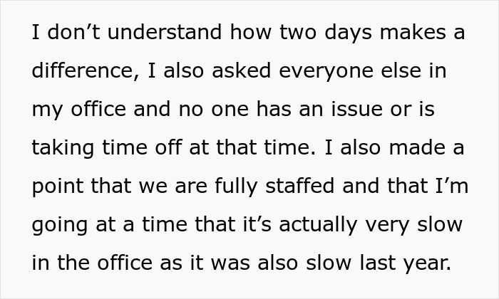 Boss Turns Down This Employee’s Vacation To Europe Because They Feel That Taking 7-9 Days Off Is ‘Unfair’ To Others Boss Turns Down This Employee’s Vacation To Europe Because They Feel That Taking 7-9 Days Off Is ‘Unfair’ To Others