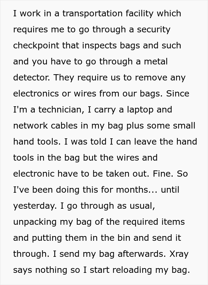 Security Demands Worker Empty Their Bag Completely Before X-Ray, They Maliciously Comply And Provoke Others To Do The Same