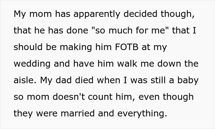 Mom Gets Mad Over Daughter's Refusal To Let Stepdad Walk Her Down The Aisle Mom Gets Mad Over Daughter's Refusal To Let Stepdad Walk Her Down The Aisle