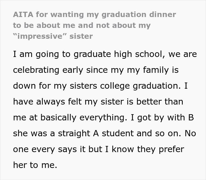 Teen Loses It At Graduation Dinner With Family When The Table Talk Revolves Only Around Her Sister