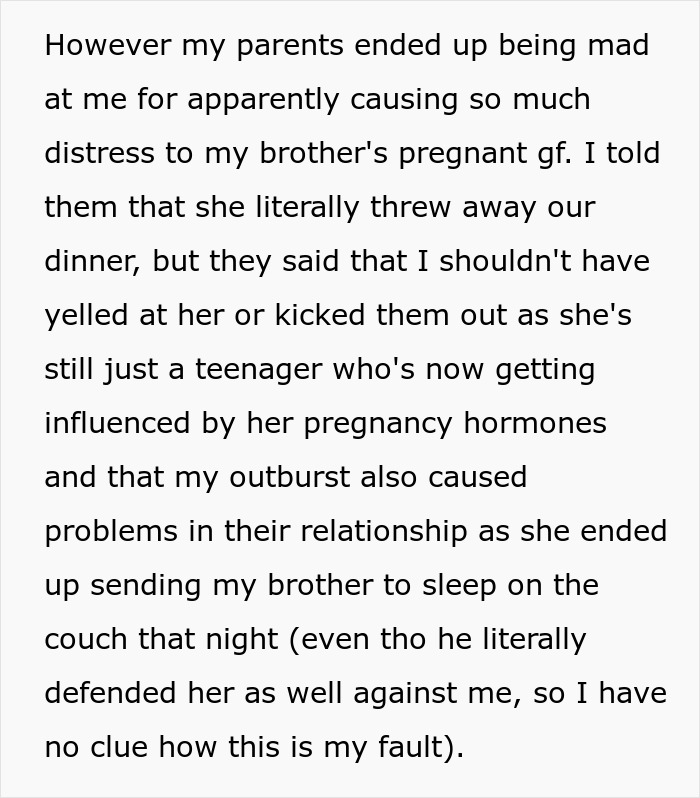 "[Am I The Jerk] For Yelling At My Brother&rsquo;s Pregnant Girlfriend And Kicking Them Both Out Of My House After She Threw Away My Food?"