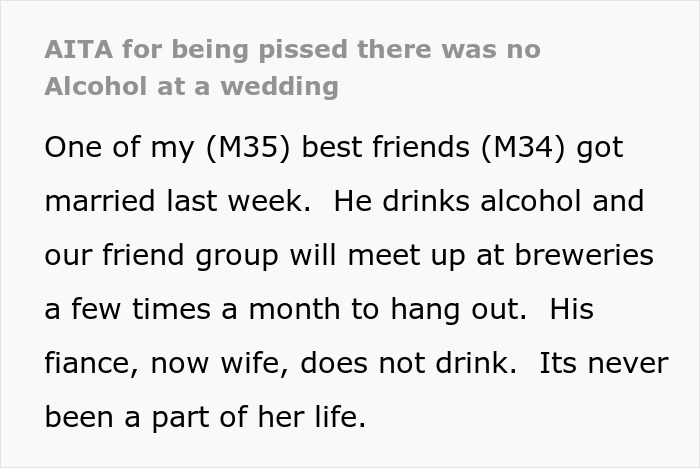 "Am I The Jerk For Being Pissed There Was No Alcohol At A Wedding?" "Am I The Jerk For Being Pissed There Was No Alcohol At A Wedding?"