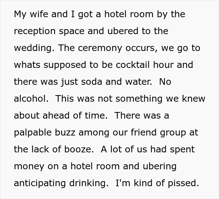 "Am I The Jerk For Being Pissed There Was No Alcohol At A Wedding?" "Am I The Jerk For Being Pissed There Was No Alcohol At A Wedding?"