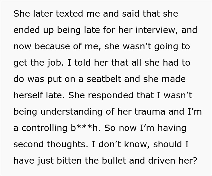 Woman Rages At Friend For Ignoring Her Trauma And Trying To Get Her To Put Her Seatbelt On