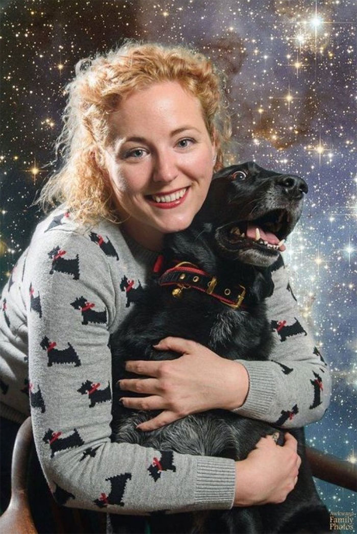 "I Really Love Those Quirky Space-Themed Family Photos. My Dog Max Was Less Than Cooperative, But We Managed To Snag This Wondrous Beauty." ⁠