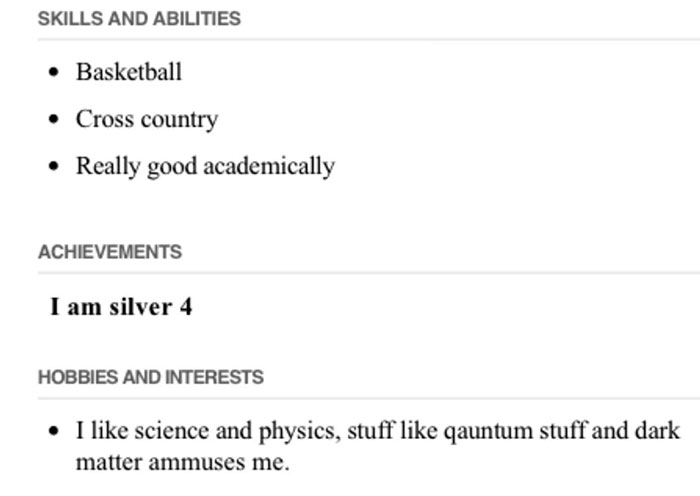 My Words On Draft Resume I Made In Grade 8. I Have No Idea Why I Said Dark Matter Amused Me Or Liking Quantum Stuff Since I Knew Nothing Of It