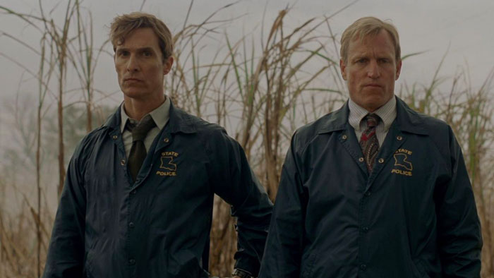 Martin and Rustin walking and looking from True Detective The Long Bright Dark