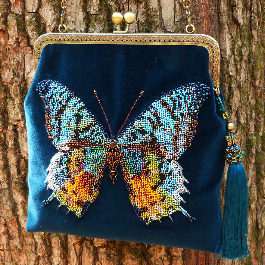 Turquoise Butterfly Velvet Beaded Bag With Tassel