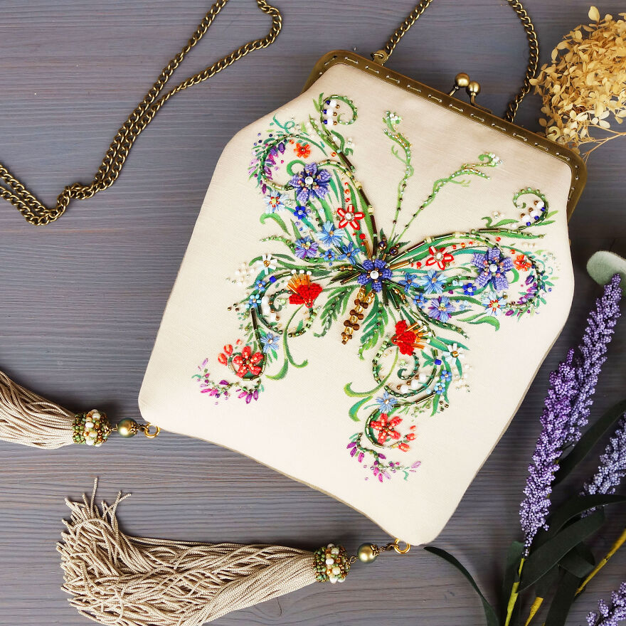 Floral Butterfly Hand-Painted And Embroidered Linen Purse