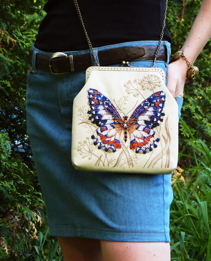 Butterfly In Herbs Embroidery Linen Summer Bag