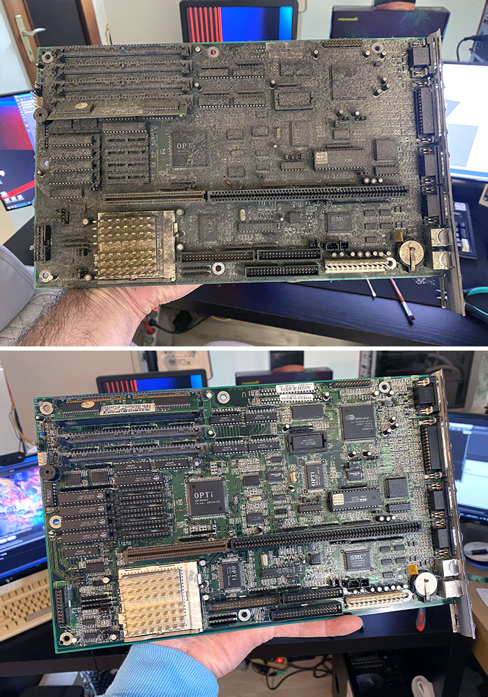 Old Computer's Motherboard, Before And After Cleaning