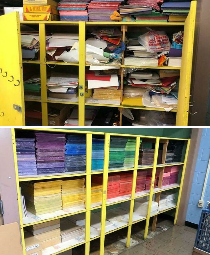 I’m An Art Teacher And I Moved To A New School. The Previous Teacher Did Not Share My Love Of Organization. Behold The Before And After Of My Paper Closet