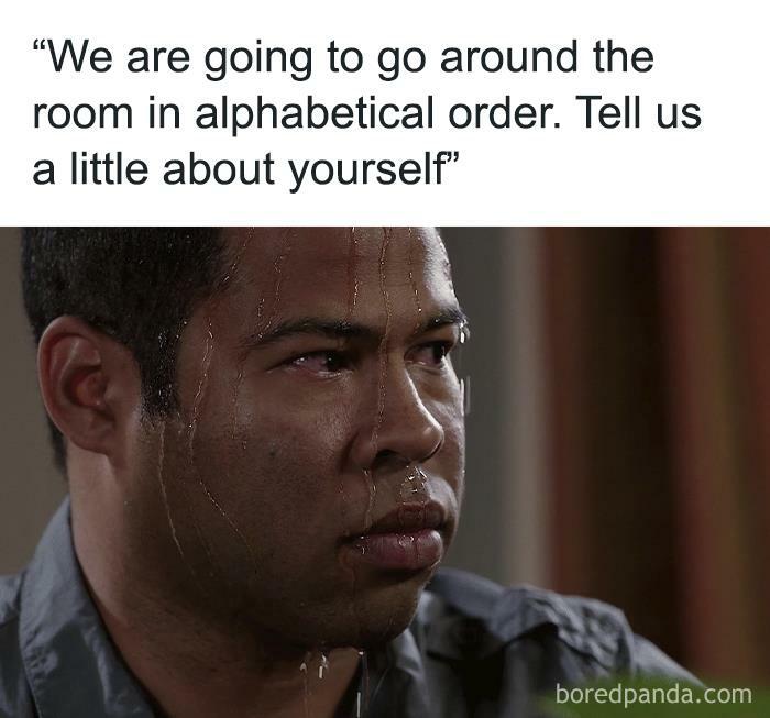 Sweating man meme illustrating the relatable anxiety of introverts in social situations for introvert memes.