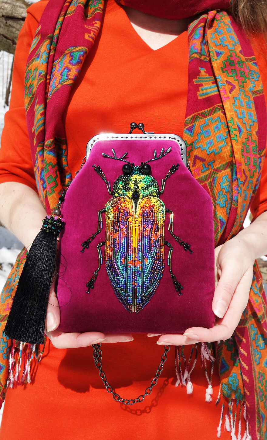 Rainbow Beetle Fuchsia Velvet Mini Bag