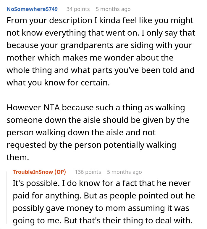 Mom Gets Mad Over Daughter's Refusal To Let Stepdad Walk Her Down The Aisle Mom Gets Mad Over Daughter's Refusal To Let Stepdad Walk Her Down The Aisle