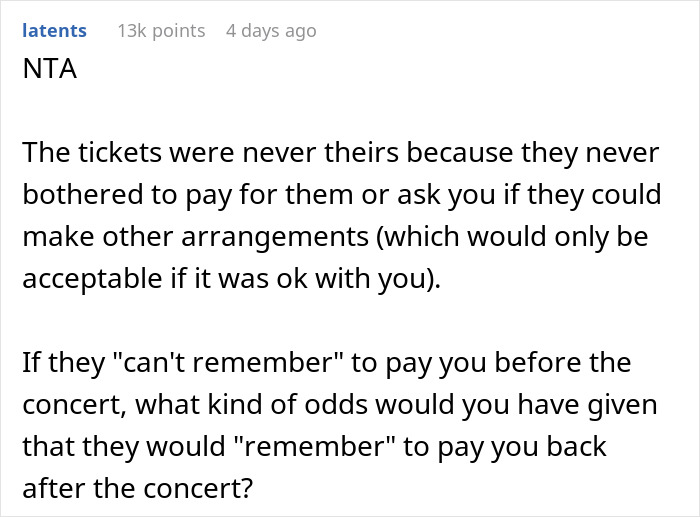 Person Sells Concert Tickets After Their Friends Keep 'Forgetting' To Pay Them Back, They Find Out And Go Ballistic