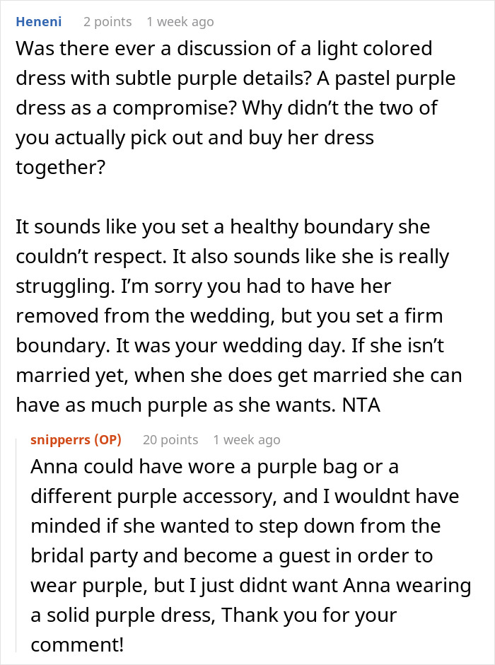 “She Was Escorted Out The Door Screaming”: Guest Hell-Bent On Wearing Purple Clashes With Bride “She Was Escorted Out The Door Screaming”: Guest Hell-Bent On Wearing Purple Clashes With Bride