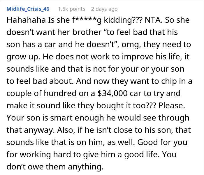 Woman Is Told To Let Dad Chip In $160 For The $34k Car She Is Buying Her Son Or Not Buy It At All To Avoid Making Him Feel Bad Woman Is Told To Let Dad Chip In $160 For The $34k Car She Is Buying Her Son Or Not Buy It At All To Avoid Making Him Feel Bad