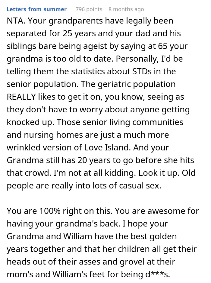 Guy Tells His Entire Family To "Grow Up" After They Got Mad At His 65 Y.O. Grandma For Having A Boyfriend And "Cheating" On Their Dad Guy Tells His Entire Family To "Grow Up" After They Got Mad At His 65 Y.O. Grandma For Having A Boyfriend And "Cheating" On Their Dad