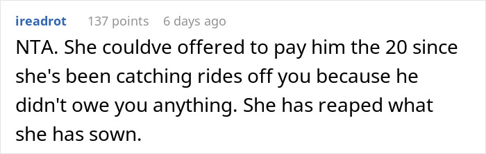 Woman Loses A Free Ride To Work After 14 Months By Asking Coworker To Pay For Their Lift Instead Of Returning The Favor