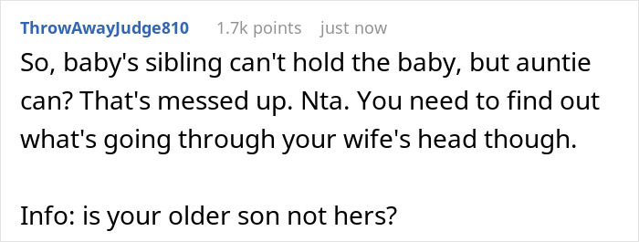 "Her Sister Was Offended And Left": Wife Doesn't Let 14 Y.O. Stepson Hold Her Newborn, Husband Does The Same With Wife's Sister