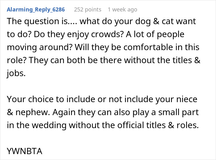 Couple Decide To Use Their Pets To Fill Out Roles In Their Wedding, SIL Is Angry They Didn't Include Her "Rainbow" Kids Instead Couple Decide To Use Their Pets To Fill Out Roles In Their Wedding, SIL Is Angry They Didn't Include Her "Rainbow" Kids Instead