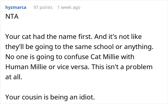 Woman Doesn't Want To Change Her Cat's Name Because Pregnant Cousin Wants To Use It For Her Baby, Wonders If She's Just Being Stubborn