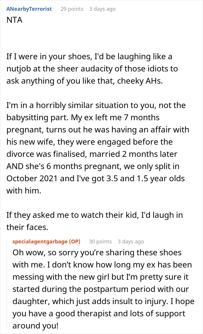 Woman Confronted By Ex Husband's New GF After She Refuses To Watch Their New Baby Woman Confronted By Ex Husband's New GF After She Refuses To Watch Their New Baby