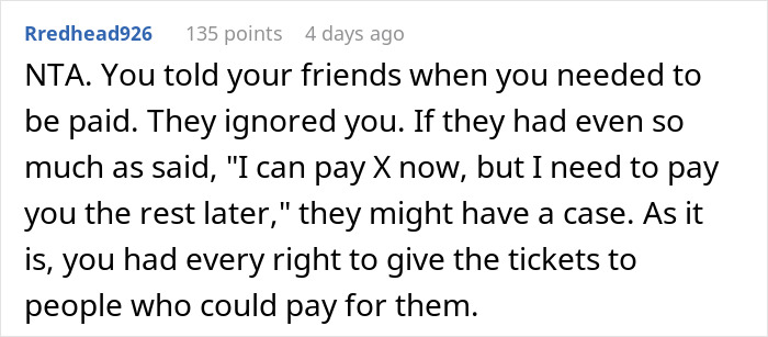 Person Sells Concert Tickets After Their Friends Keep 'Forgetting' To Pay Them Back, They Find Out And Go Ballistic Person Sells Concert Tickets After Their Friends Keep 'Forgetting' To Pay Them Back, They Find Out And Go Ballistic