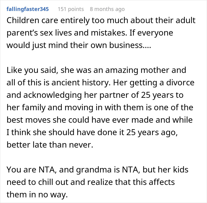 Guy Tells His Entire Family To "Grow Up" After They Got Mad At His 65 Y.O. Grandma For Having A Boyfriend And "Cheating" On Their Dad Guy Tells His Entire Family To "Grow Up" After They Got Mad At His 65 Y.O. Grandma For Having A Boyfriend And "Cheating" On Their Dad