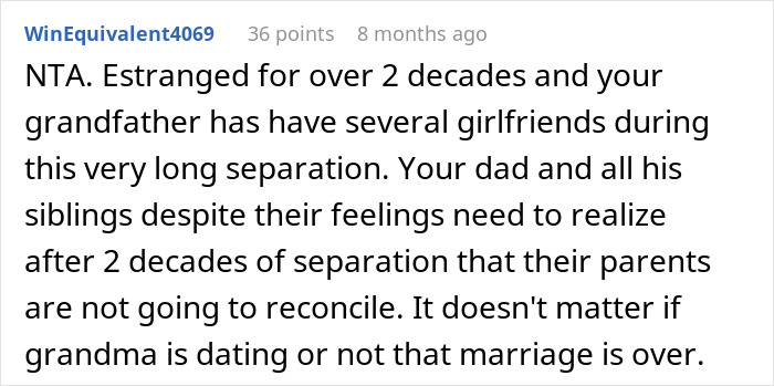 Guy Tells His Entire Family To "Grow Up" After They Got Mad At His 65 Y.O. Grandma For Having A Boyfriend And "Cheating" On Their Dad Guy Tells His Entire Family To "Grow Up" After They Got Mad At His 65 Y.O. Grandma For Having A Boyfriend And "Cheating" On Their Dad
