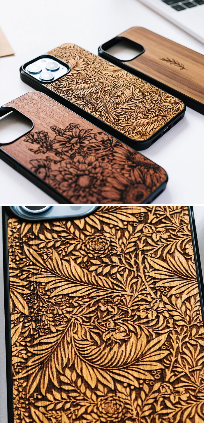Engraved Wood Floral Phone Case