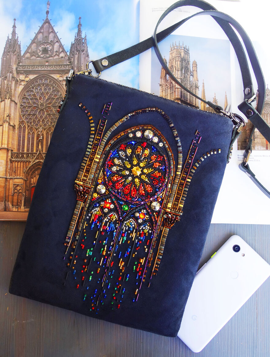 Gothic Stain Glass Window Beaded Suede Bag