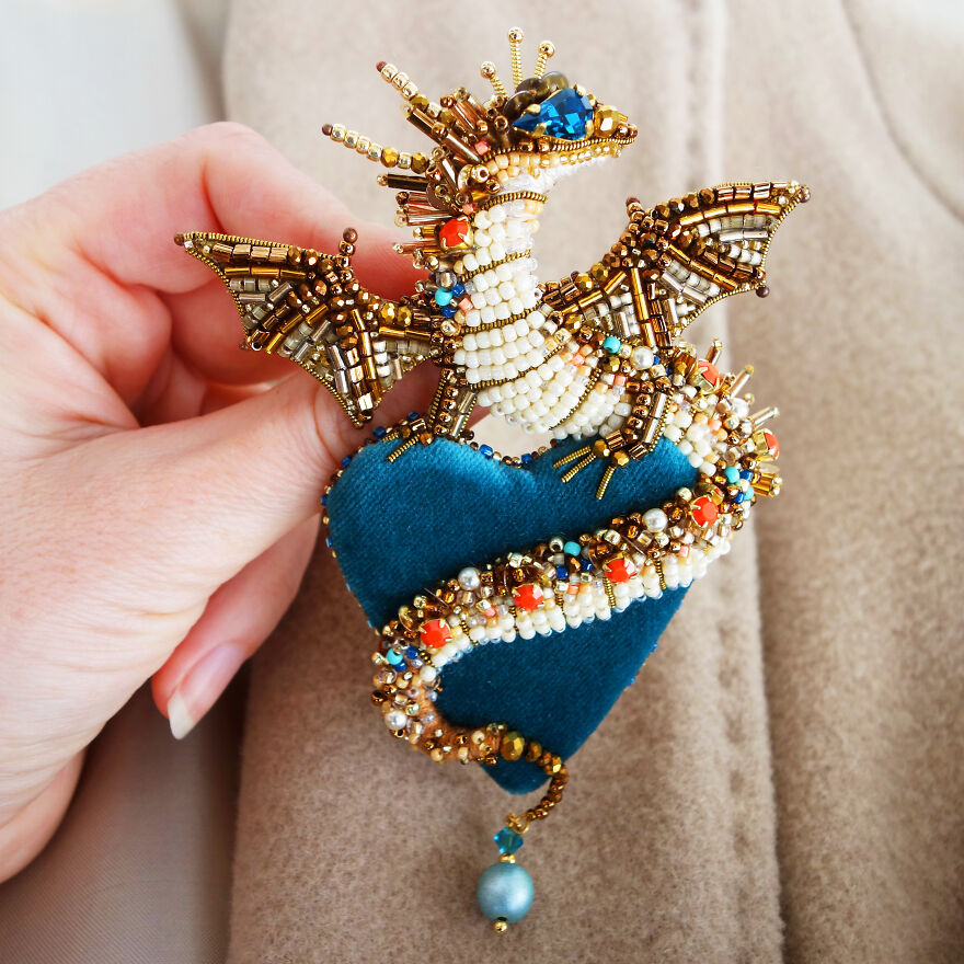 Golden Dragon On Velvet Heart Beaded Brooch